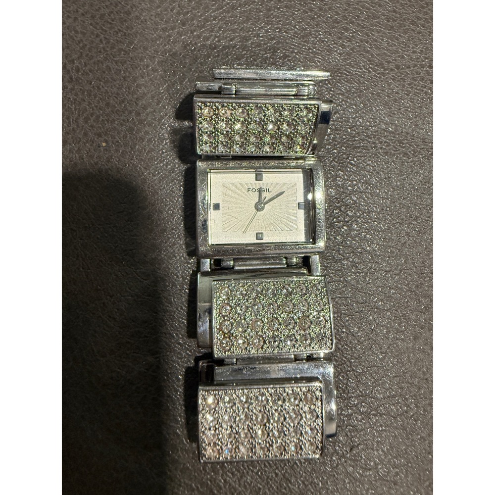 Fossil ES-2018 Silver Tone‎ Crystal Pave Cuff Watch Rectangular Sunburst Dial